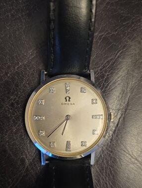 Omega 14k Solid Gold Dial Watch with Black Leather Strap and Diamond Markers